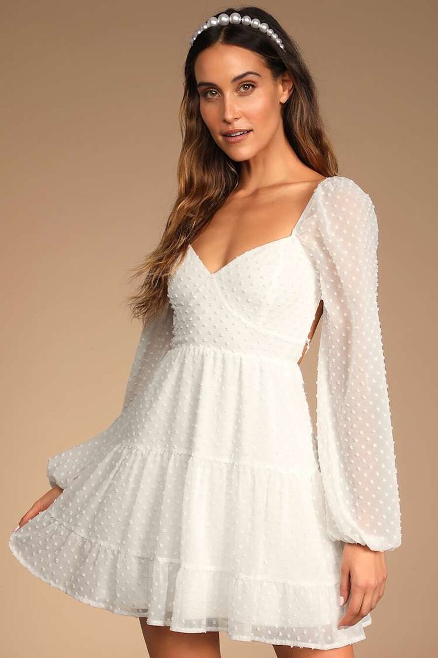 NWT Lulus Longing And Love White Swiss Dot Puff Long Sleeve Mini Dress Wedding L